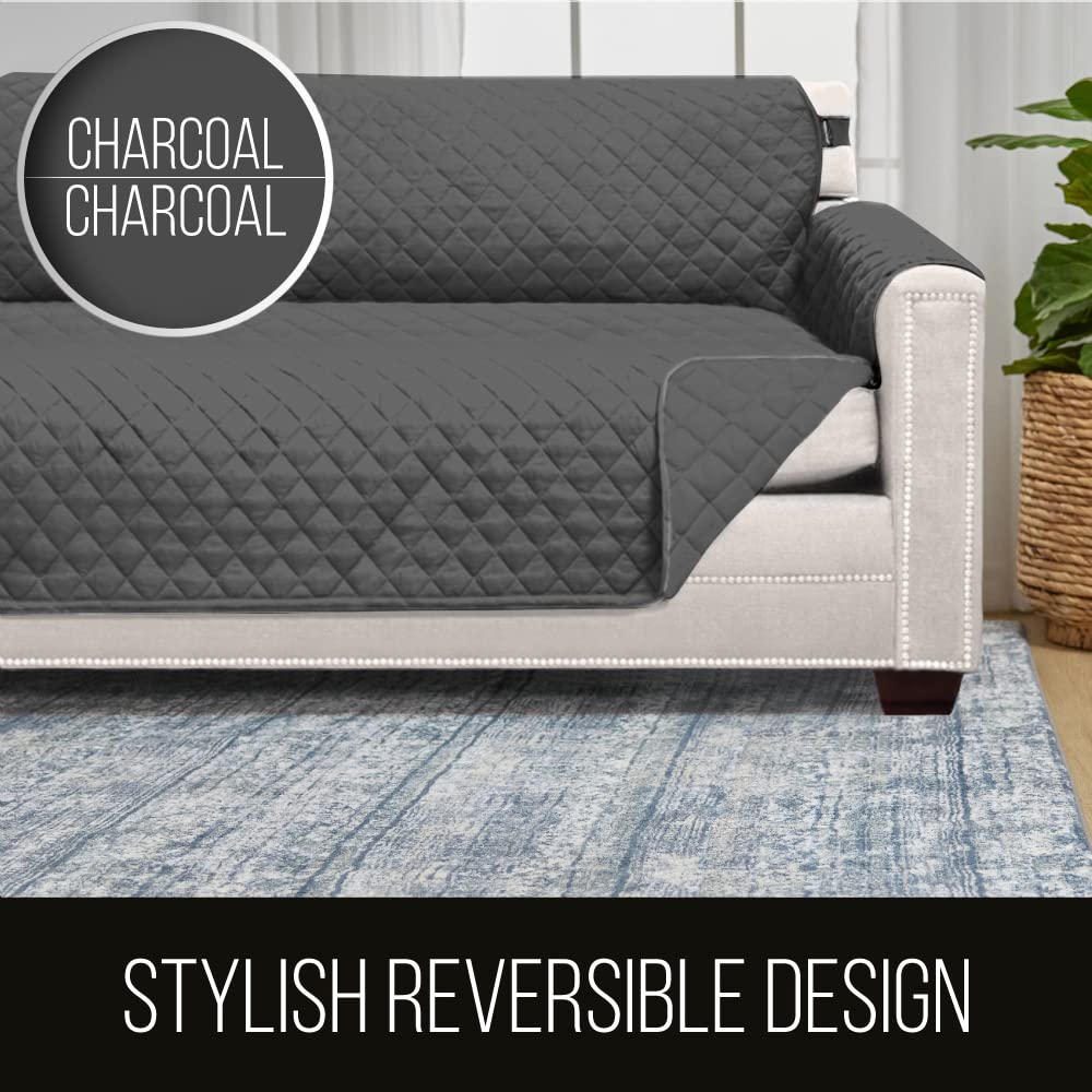 Sofa Shield Couch Cover for Dog and Pets, Couvre Protector for Sofas, Reversible Stain Resistant Housse Canapé, Quilted Microfiber 198 cm 3 Seat, Oversized Patented Slipcover with Strap, Charcoal