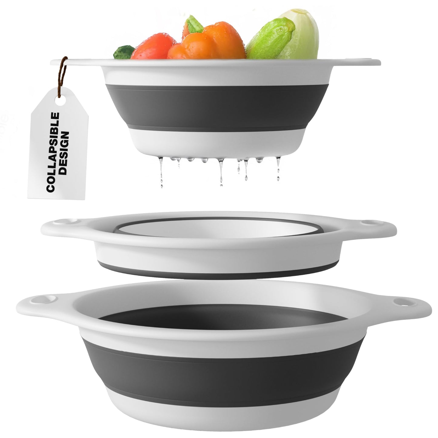 Gevoli (Set of 3 Sizes) Collapsible Colanders with Self-draining Base for Edge of Sink - Plastic Food Strainer (White)