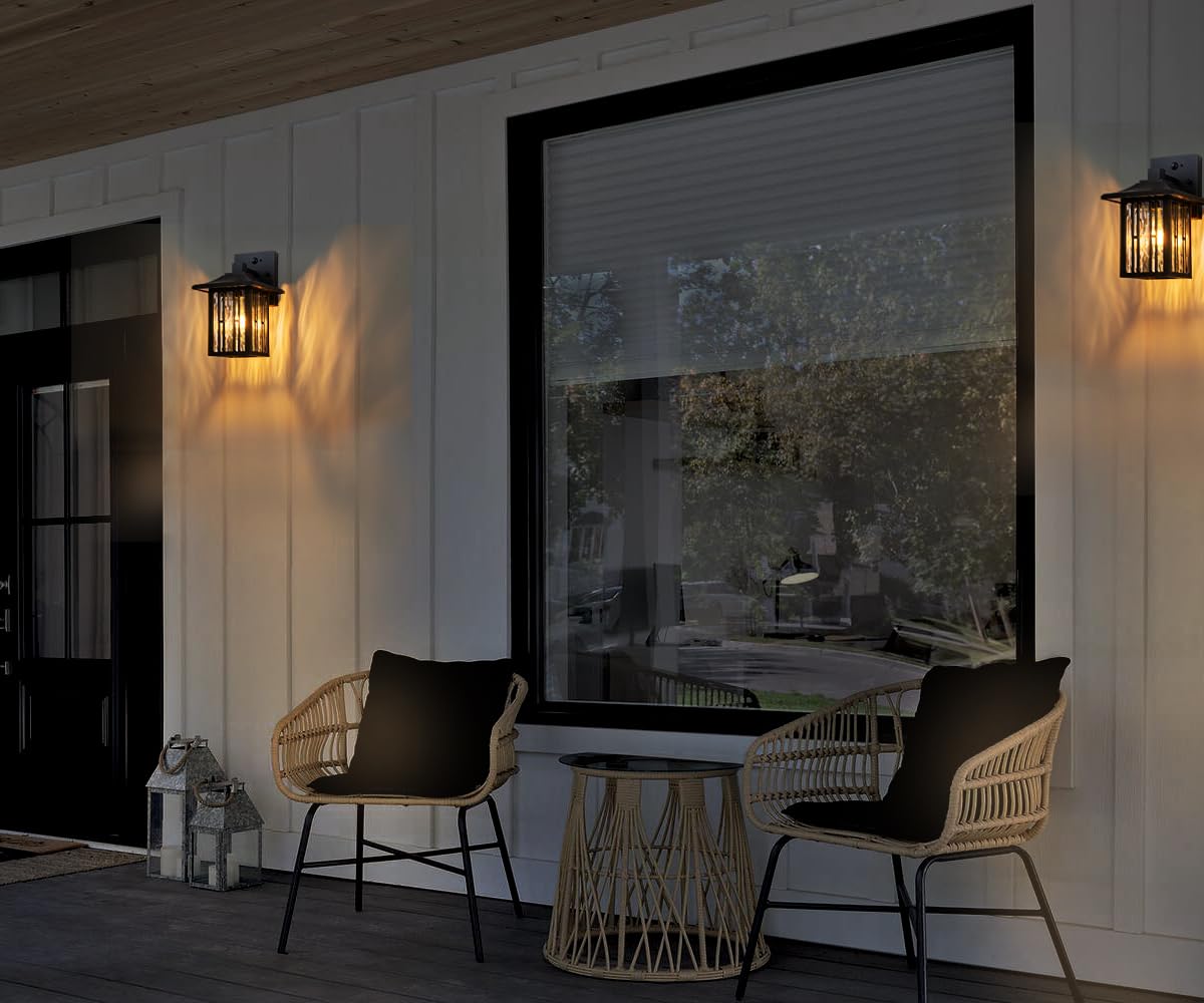 OUPAVOCS Outdoor Wall Lights with Motion Sensor, Dusk to Dawn Porch Light Sconce, Mate Black Exterior Wall Lantern with Water Glass, Patio Lighting Fixtures Wall Mount for House, Set of 2