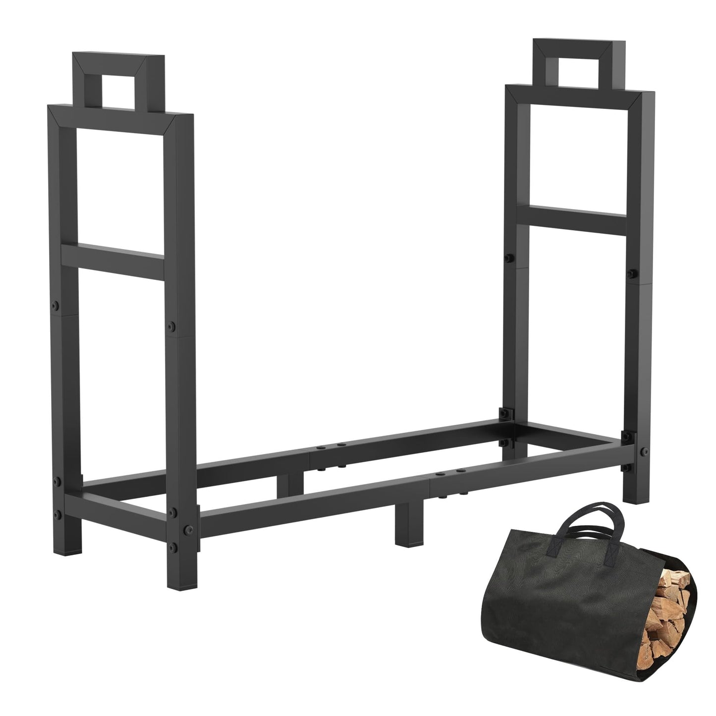 30 Inch Firewood Rack Outdoor Indoor with Handle and Log Carrier Bag, Stable Metal Wood Rack Heavy Duty Log Holder for Fireplace Patio Deck, Rustproof Firewood Storage Organizer Tool, Black, Square