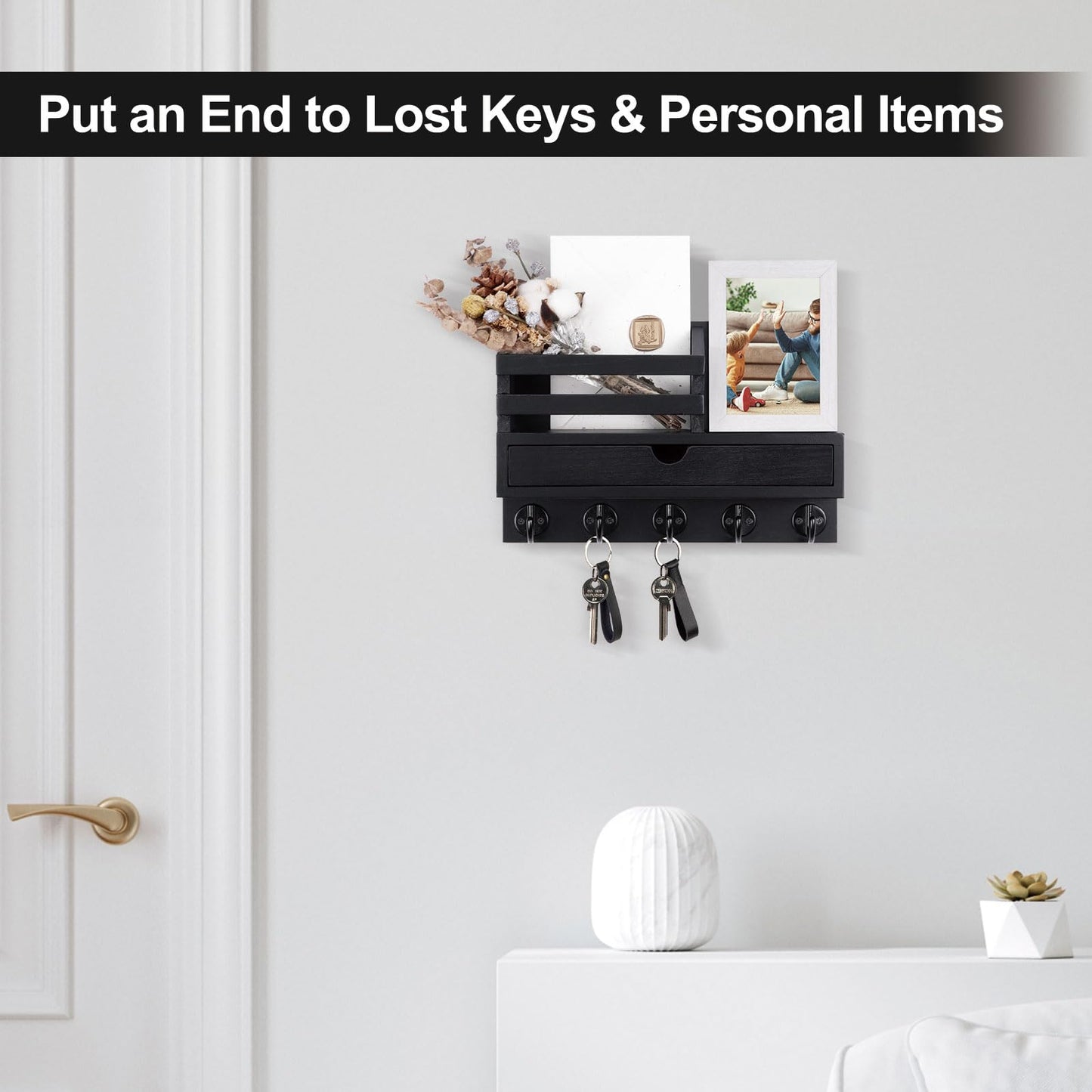Key Holder Wall Mount, Mail Holder with Storage Drawer and 5 Key Hooks for Coat, Dog Leash, Home Decor Rack, House Accessories, Entry Way Organizer (Black)