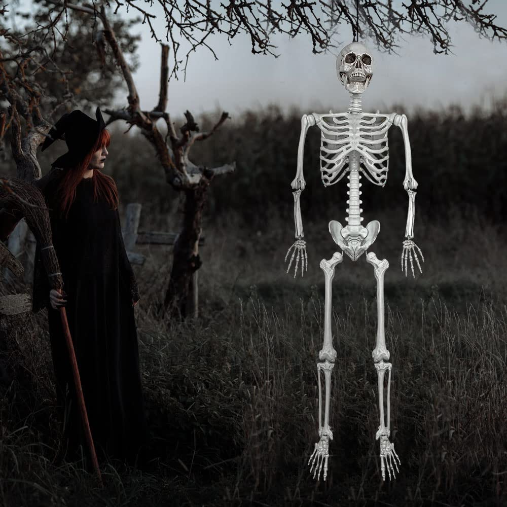5.4Ft/165cm Halloween Life Size Skeleton Full Body with Movable Joints for Halloween Party Prop Scary Graveyard Haunted House Lawn Yard Decorations (Grey)