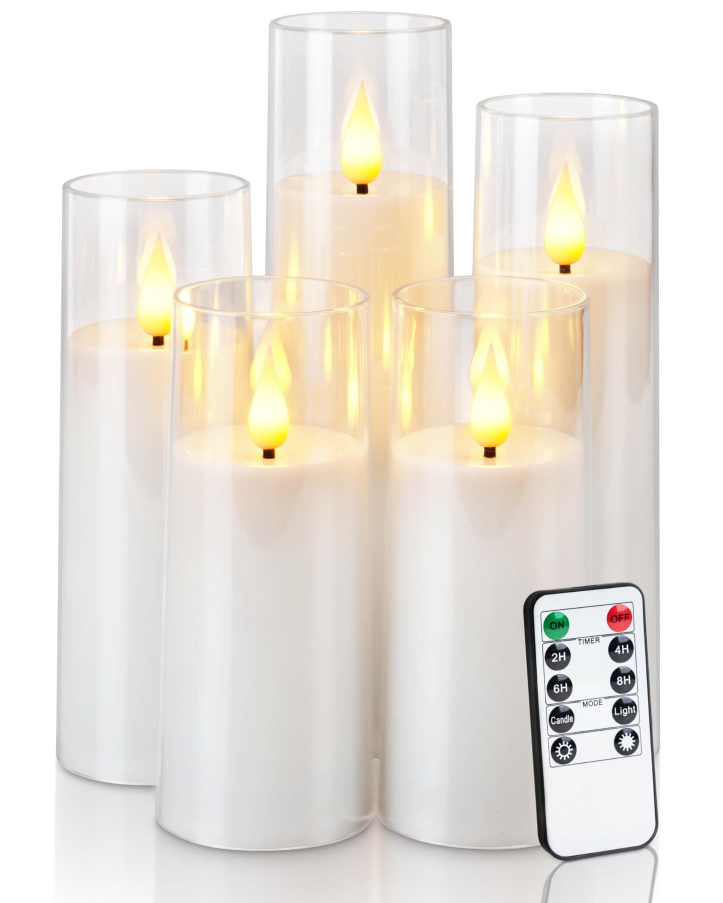 AMAGIC Acrylic Flameless Candles Flickering, Fake LED Candles Battery Operated with Remote Control Timer, Long-Lasting Plastic Pillar Candles for Home Decor, White, Set of 5