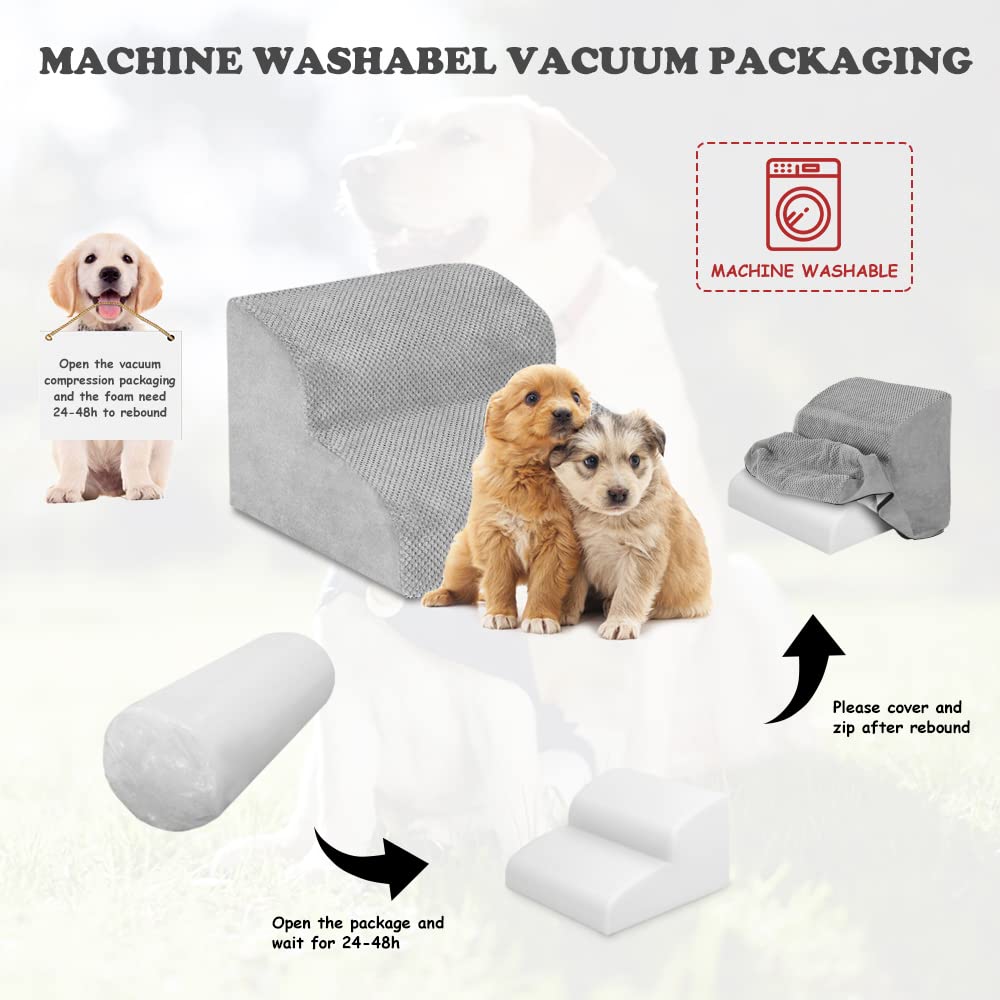 HIDOG Dog Stairs and Ramp, 2-Step Dog Steps for High Beds and Couch, Pet Steps for Small Dogs with Removable Washable Cover, Non-Slip Soft Foam Dog Stairs for Injured Older Pets, Grey -11.8" H