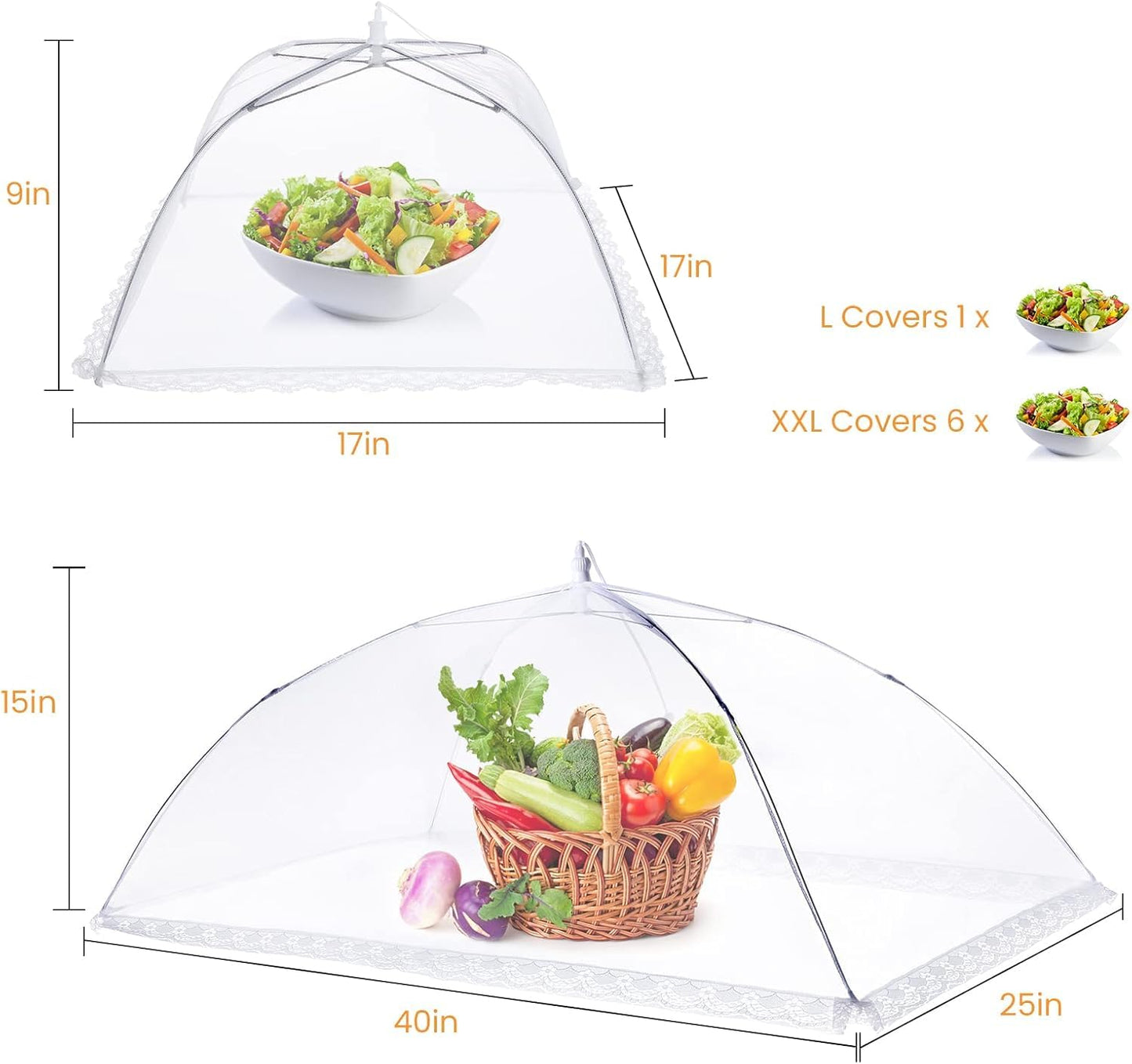 HOMKULA Food Covers for Outside - 2 Extra Large (40 x 24 in) & 6 Large (17 x 17 in) Mesh Food Covers for Outdoors, Food Tent Food Cover for Picnic Party Supplies, Pop-Up and Collapsible, 8 Pack