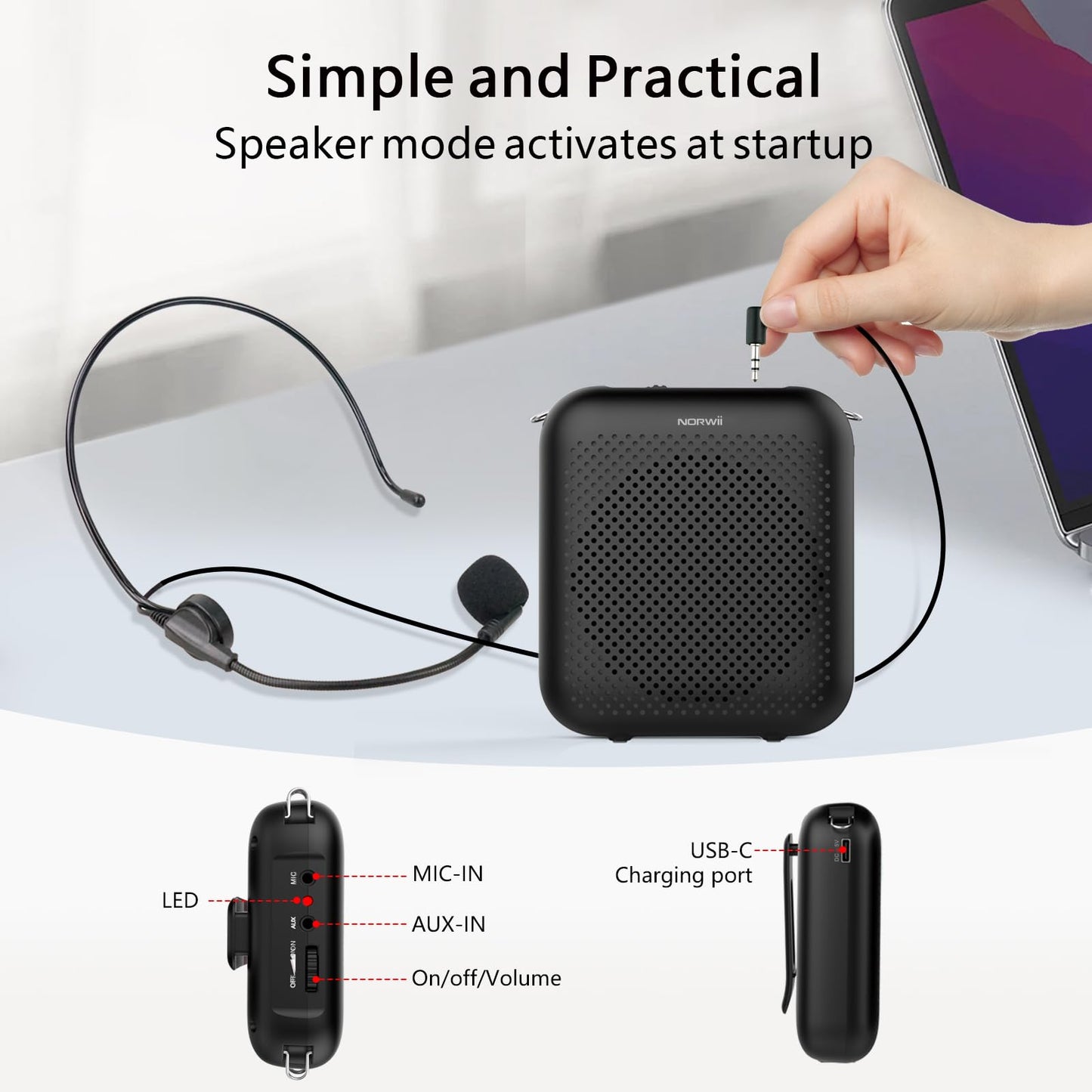 Norwii Voice Amplifier, Power Amplifiers, Portable Mini Wired Microphone Headset for Teacher Classroom & Outdoor Lectures, Teaching, Tour Guides, USB-C Rechargeable, Black 4000mAh