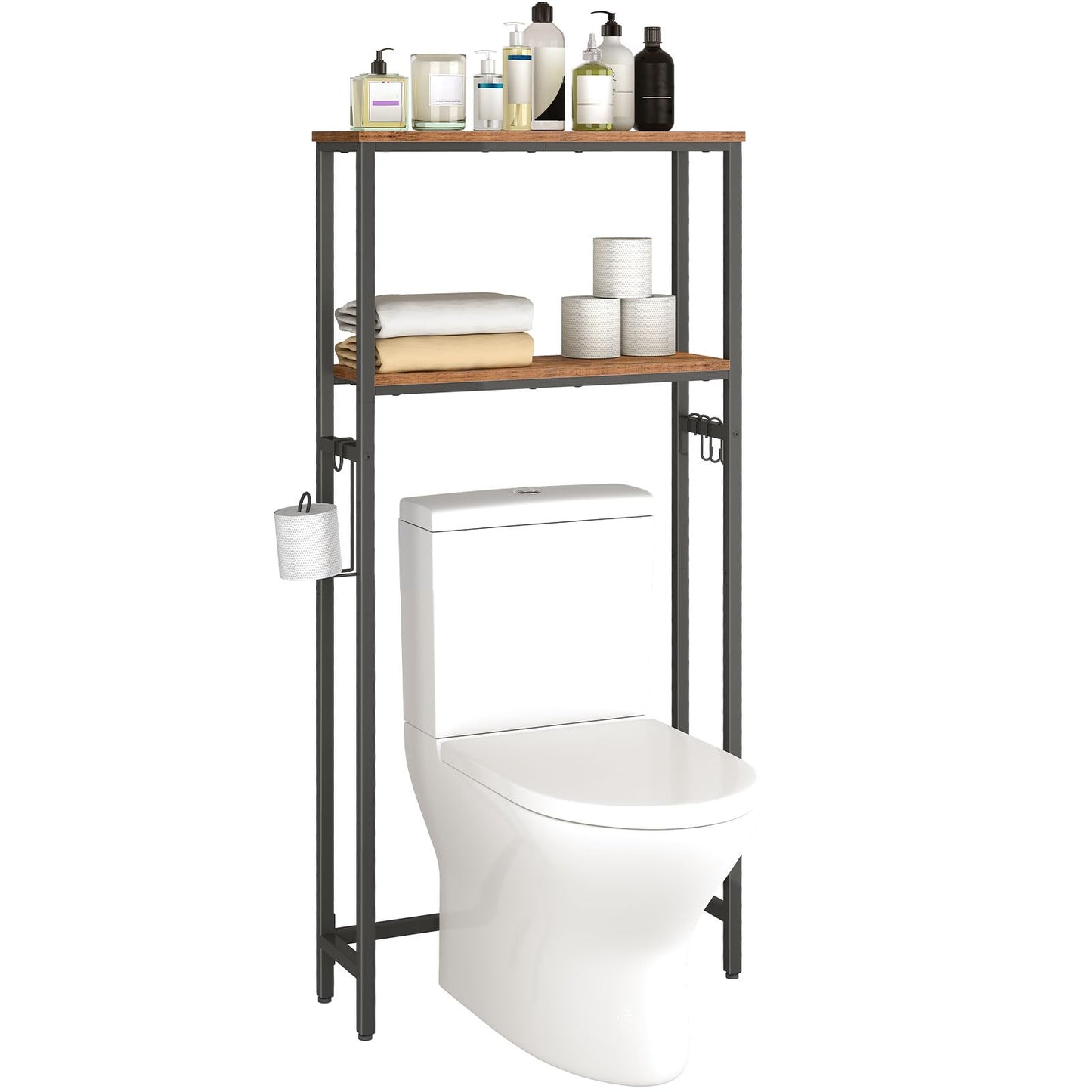 HOOBRO Over The Toilet Storage, 2-Tier Over Toilet Bathroom Organizer Shelf, with Toilet Paper Holder and Hooks, Sturdy and Durable, for Bathroom, Toilets, Rustic Brown and Black BF49TS01