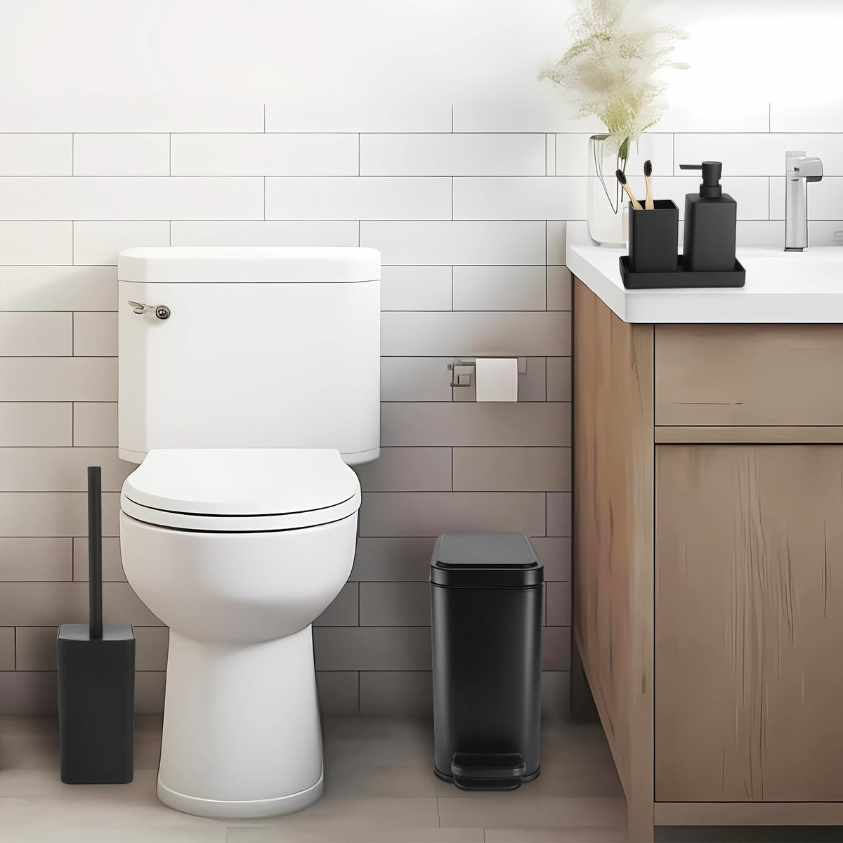 GAHEFY 5-Piece Bathroom Accessory Set with Stainless Steel 5L Soft-Close Trash Can, Toilet Brush with Holder, Soap Dispenser, Toothbrush Holder & Tray, Matte Black Bathroom Organizer