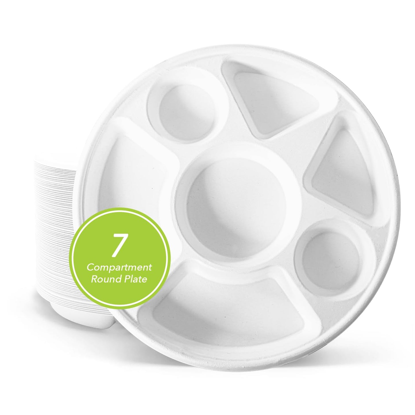 three leaf 7 Compartment Bagasse Round Plate, 50 Ct. Heavy-Duty- Super Strong- Natural- Eco-Friendly Disposable Bagasse Plates, 100% Biodegradable 7 Compartment Plates