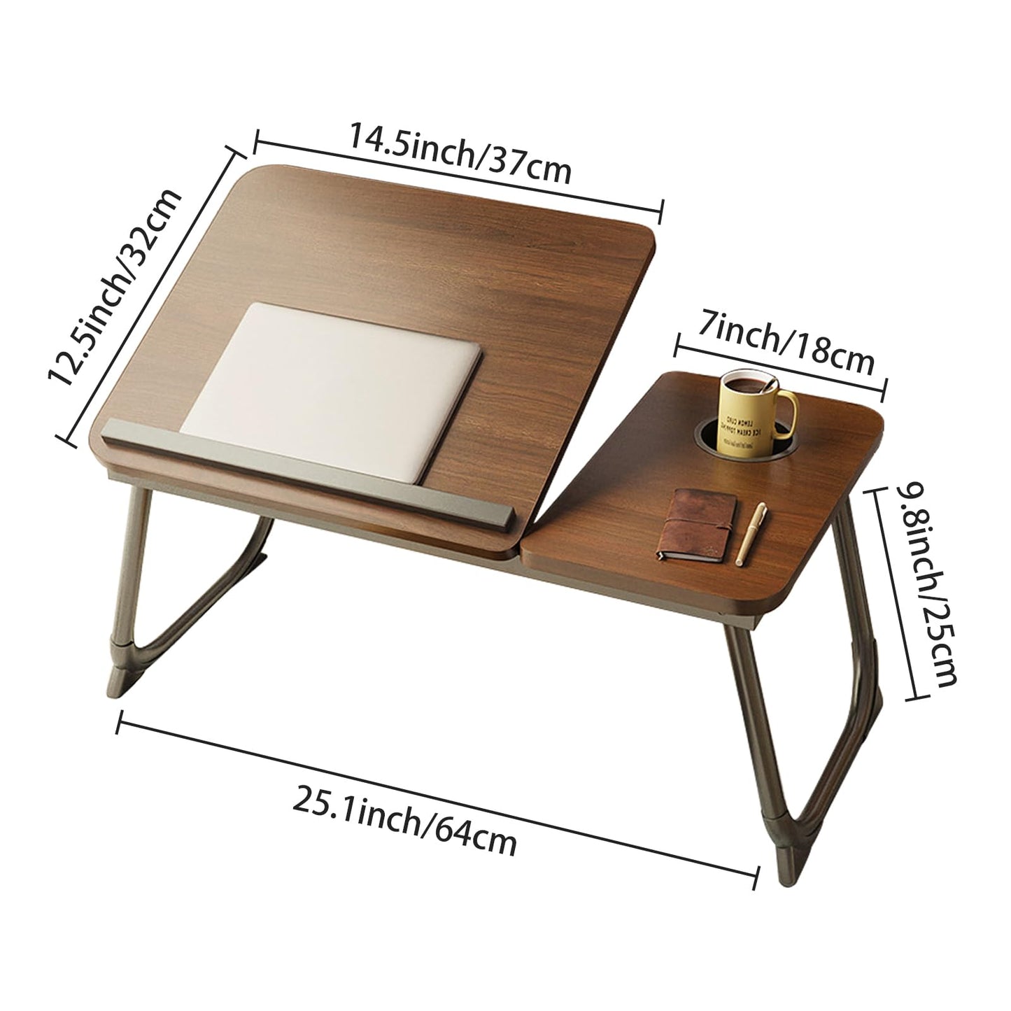 Laptop Desk for Bed, Adjustable Laptop Table with 5 Adjustable Angles, Portable Lap Tray Table with Cup Holder, Laptop Bed Desk Tray for Eating Working Writing (Brown)