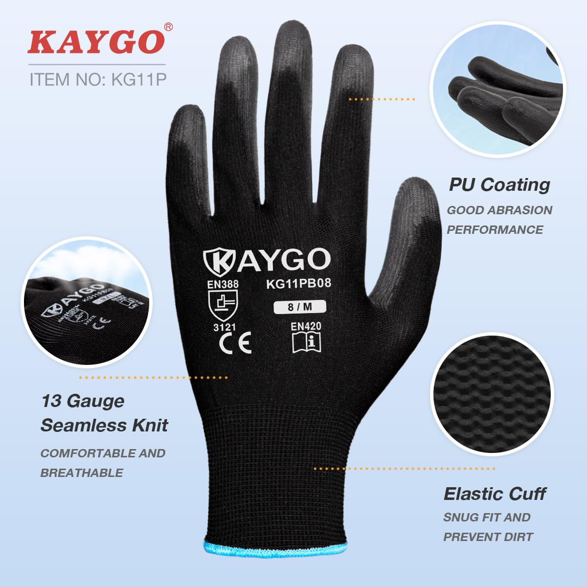 Safety Work Gloves PU Coated-12 Pairs,KAYGO KG11PB, Seamless Knit Glove with Polyurethane Coated Smooth Grip on Palm & Fingers, for Men and Women, Ideal for General Duty Work (XL, Black)