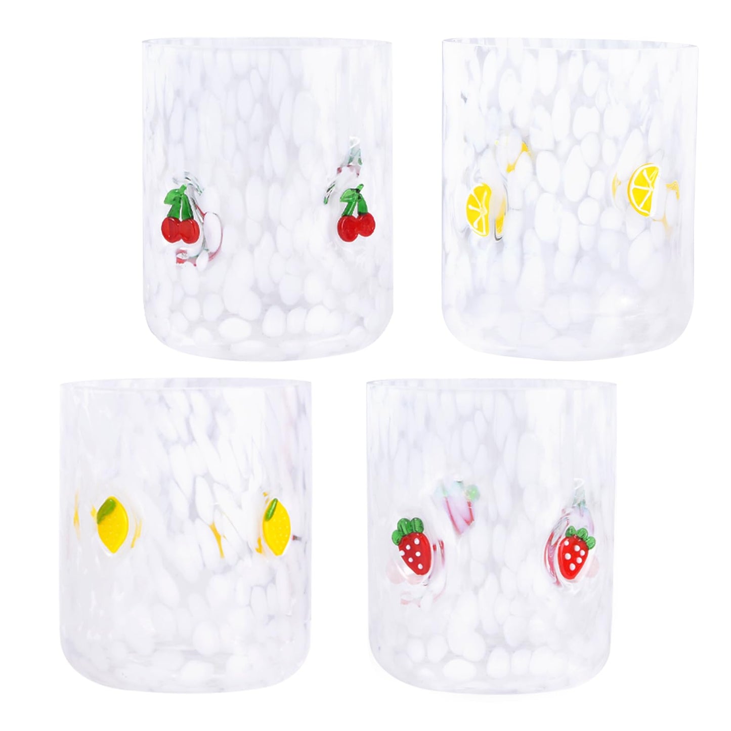 Trxvxo 4 PCS 14 Ounce Icon Juice Glasses,Anthropology Glass Cups,Juice Drinking Cups,Four Patterns,Strong and Durable Glasses Are The Great Gifts for Friends!