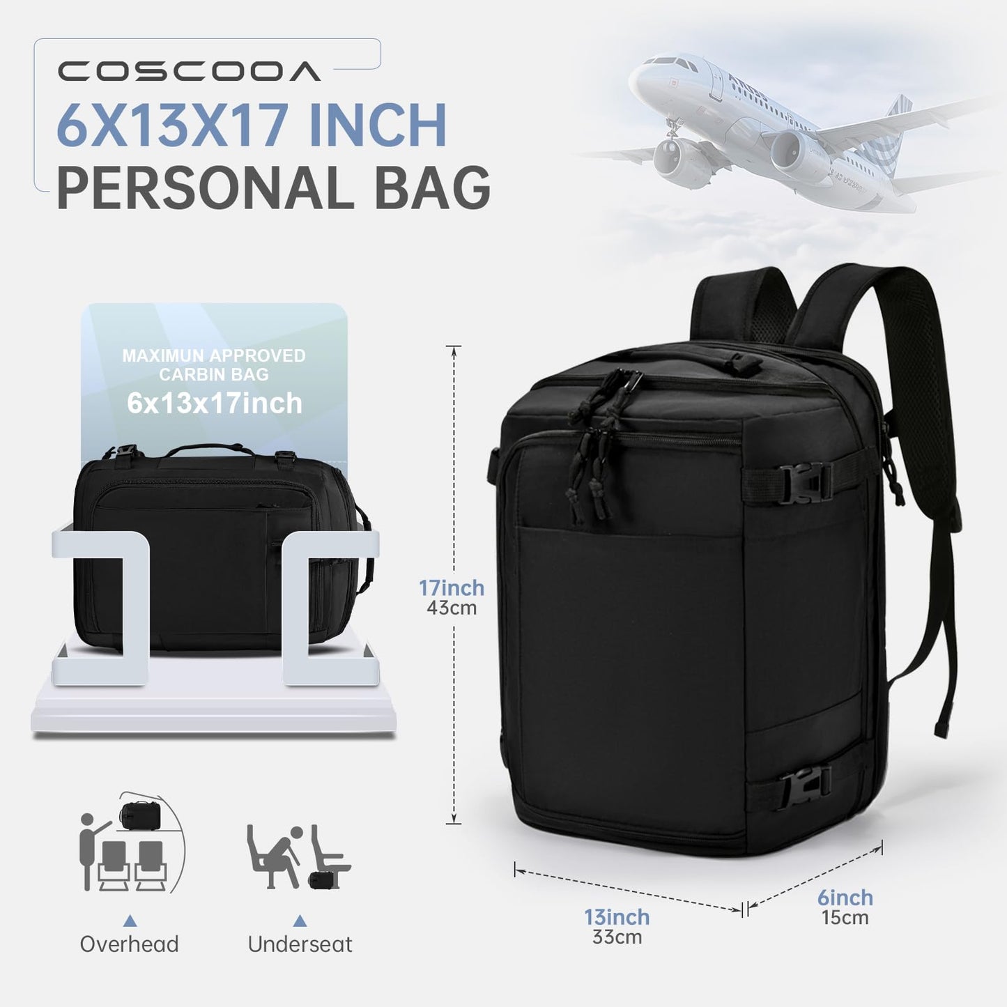 COSCOOA 6x13x17 inch Personal Item Bag for Budget Flight in Canada,15x33x43 cm Travel Bag,Expandable Carry On Travel Backpack,Underseat Travel Duffel Bag,15.6 inch Laptop Backpack
