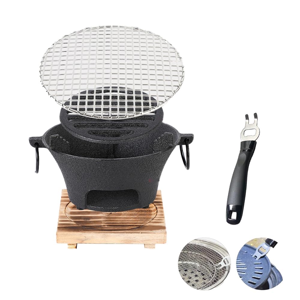 Round Seasoned Cast Iron Charcoal Hibachi Grill for Outdoor Barbecue