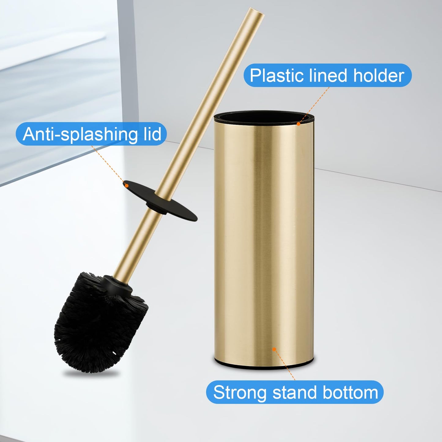 304 Stainless Steel Toilet Brush and Brush Holder Set, Circular Floor Toilet Brush Holder, Long Handle, Bathroom Heavy-Duty Cleaner, High-End Cylinder Wall (Brushed Gold) YIGUANXIN