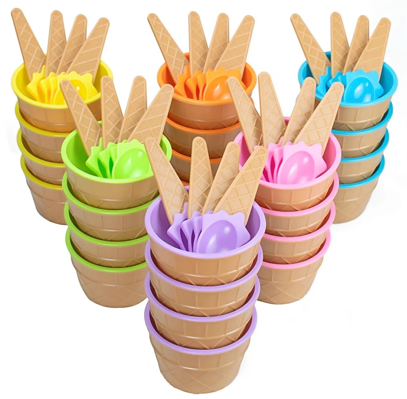 Lawei 24 Pack Plastic Ice Cream Bowls with Spoons, Reusable Fun Ice Cream Cups Bulks, 6 Cartoon Candy Color Cute Ice Cream Dessert Bowls Set for Sundae Frozen Yogurt Summer Holiday Parties