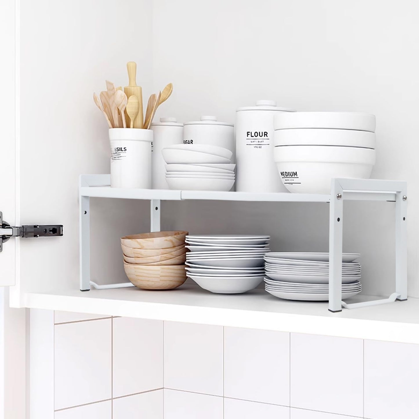 Expandable Cabinet Shelf13.8-26"(L), Stackable Kitchen Counter Shelf Organizer, Kitchen Spice Rack Pantry Shelf, Djustable Cupboard Organizer Storage Rack for Kitchen Office (White,1 pack M)