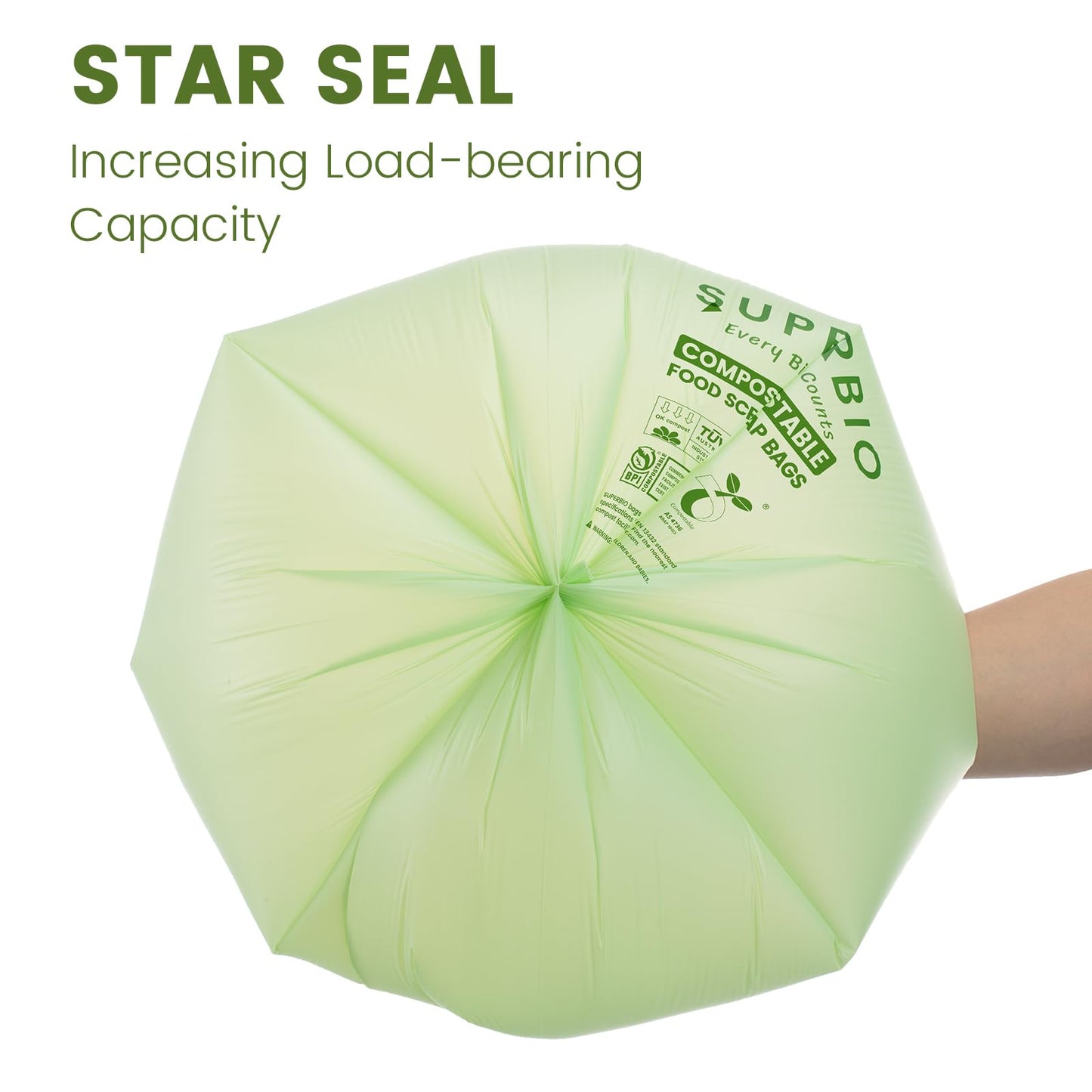 SUPERBIO Compostable Food Scrap Bags,49.2L. Certified by BPI (commercially compostable only), Seedling,OK compost HOME and OK compost INDUSTRIAL, 30 Count