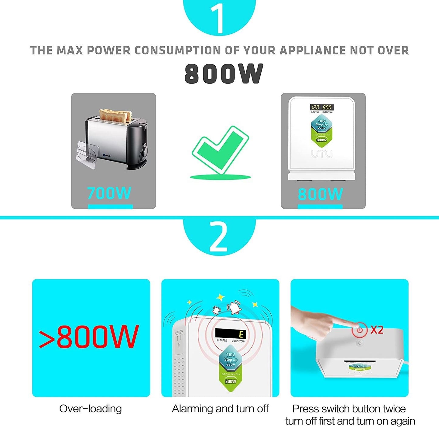 110 to 220 Voltage Converter Step UP only 800W for Euro and Asia Appliance with 220-240V Rated to be Used in US