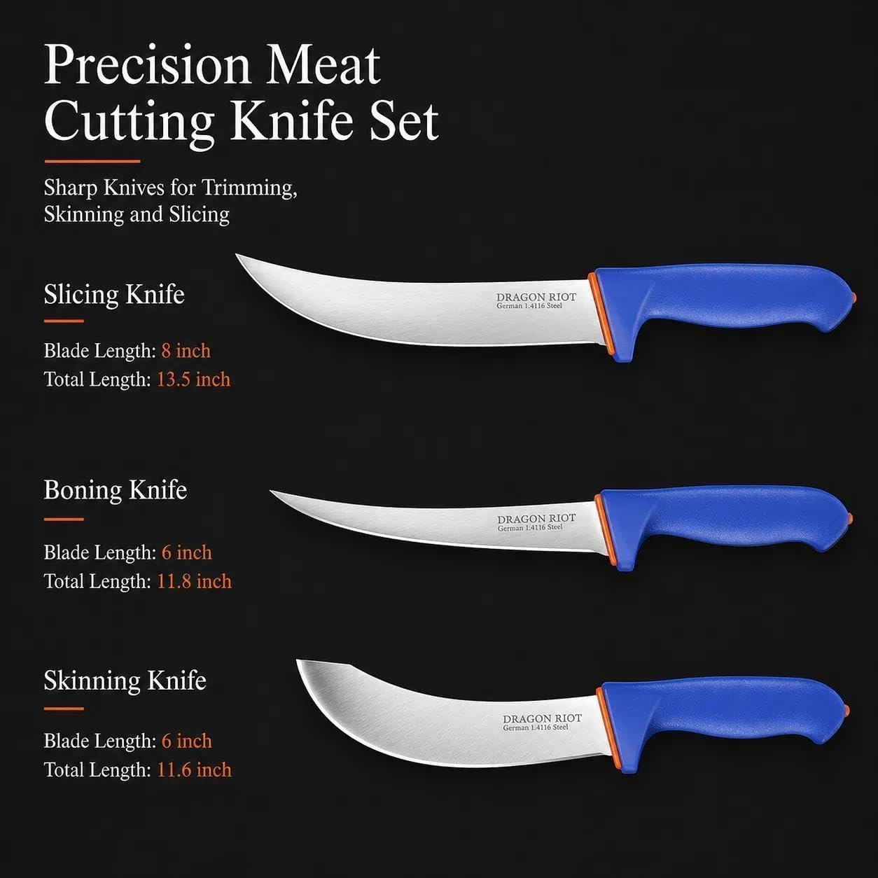 DRAGON RIOT 3 Pcs Butcher Knives Set, Meat Processing Knife Set for Brisket Trimming with German Stainless Steel and Blue Non-Slip Handle Gift for Men