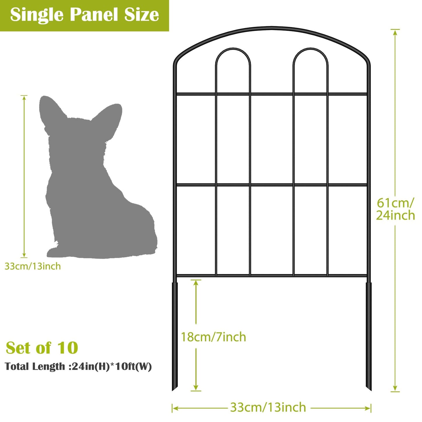 Decorative Garden Fencing 19 Pack, 24in (H) x 20ft (L) Rustproof Metal Wire Panel Border Animal Barrier for Dog, Outdoor Rustproof Metal No Dig Fencing Border for Yard Patio Flower Bed.（Green）