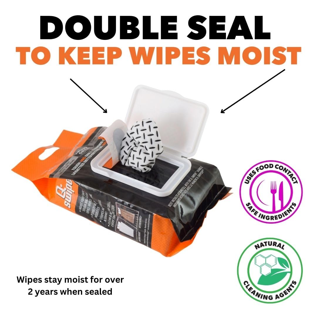Proud Grill Q-Swiper XL BBQ Grill Brush Cleaner Set - 1 Long Grill Brush with Scraper & 40 Cleaning Wipes, Easy-Clean, Bristle & Wire Free, Grease & Grime Remover, Cleaner Kit for Outdoor Smoker