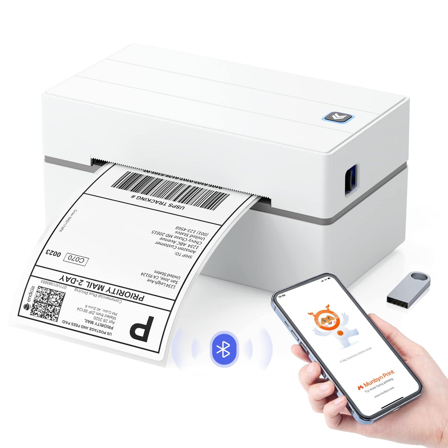 MUNBYN Bluetooth Thermal Shipping Label Printer, 130B Wireless 4x6 Label Printer for Small Business Office, Compatible with iPhone, Android, iPad, Windows, macOS, Canada Post, UPS, Purolator (White)