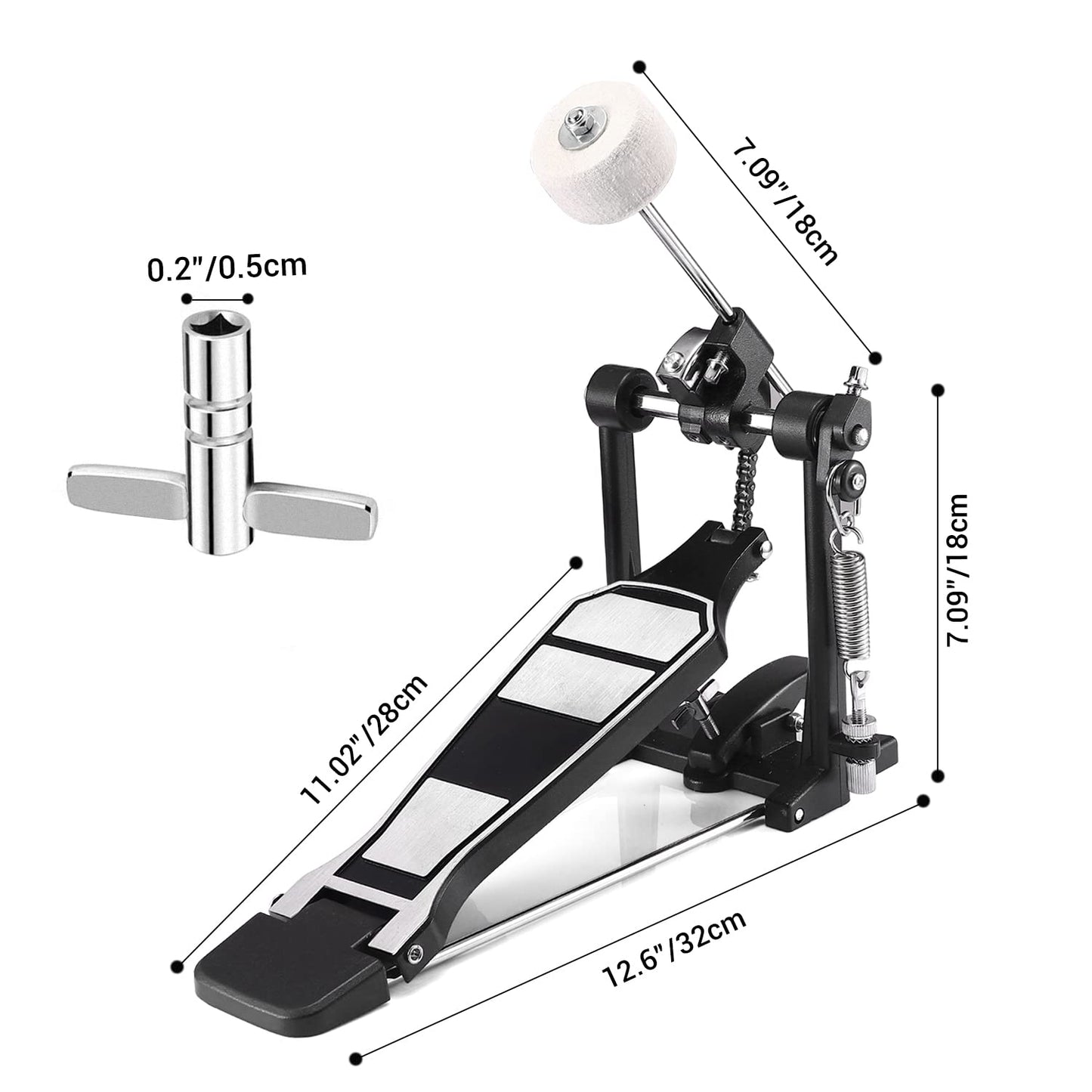Facmogu Single Kick Bass Drum Pedal, Kick Drum Pedal Come with Classic Felt Beater Stick & Key for Foot Percussion Set Instrument, Single-Chain Heavy-duty for Beginner & Pro Drummers
