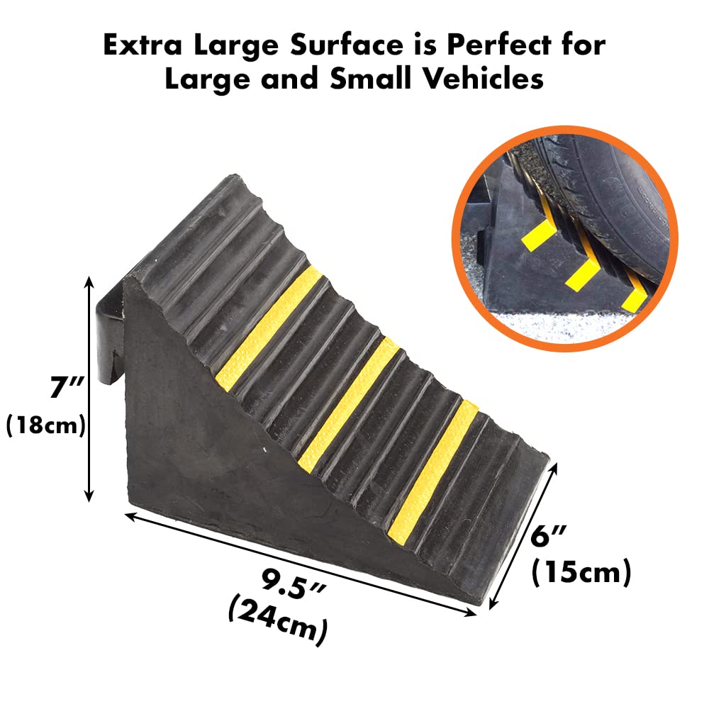 Genubi Industry 2 Pack Black Heavy Duty Extra Large Solid Rubber Wheel Chock with Portable Handle for Travel Trailer, Truck, Commercial Vehicle and RV, 9.5 Inches x 6 Inches x 7 Inches