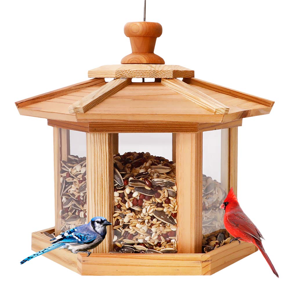 Solution4Patio Hexagon Shaped Gazebo Bird Feeder, USA Cedar, Mangeur d'oiseaux extérieur, Hollow Mesh Tray, Large Capacity, Easy to Clean & Fill, 9.6" Dia. X 8.7" Tall