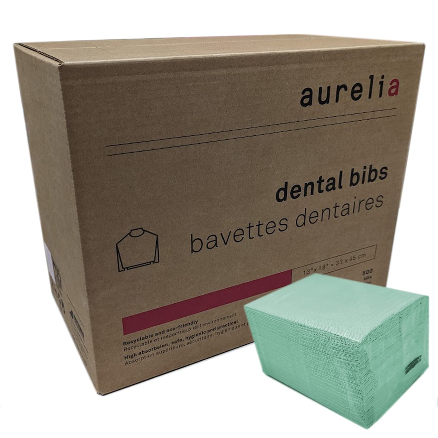 [500 Pack] Aurelia Extra Absorbent Disposable Dental Bibs Without Glue - Patient Bib for Dental & Medical Offices, Make Up Artists and Nail Salons (500 Bibs, Green)