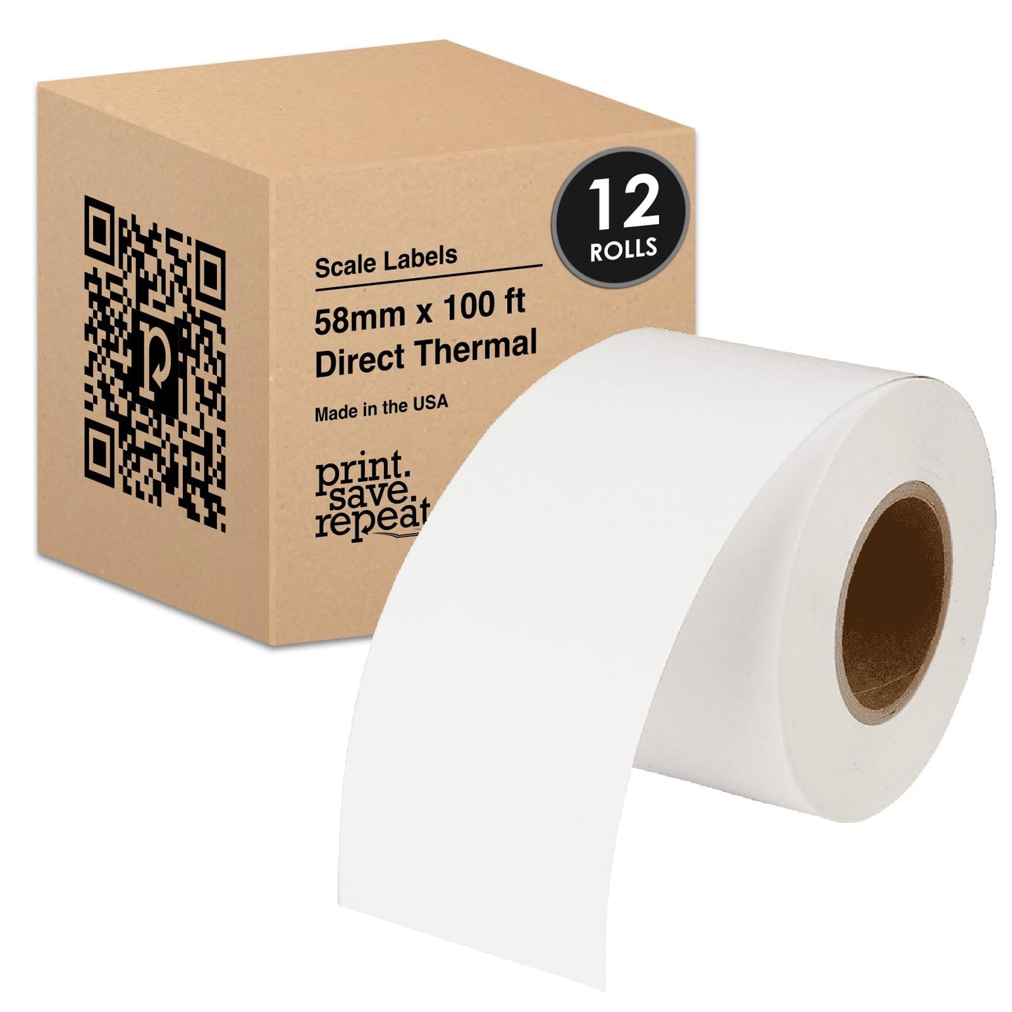 60mm x Continuous Strip (100ft) Labels for CAS Scales (8052) | 40mm Core | 12 Rolls | 1,200ft