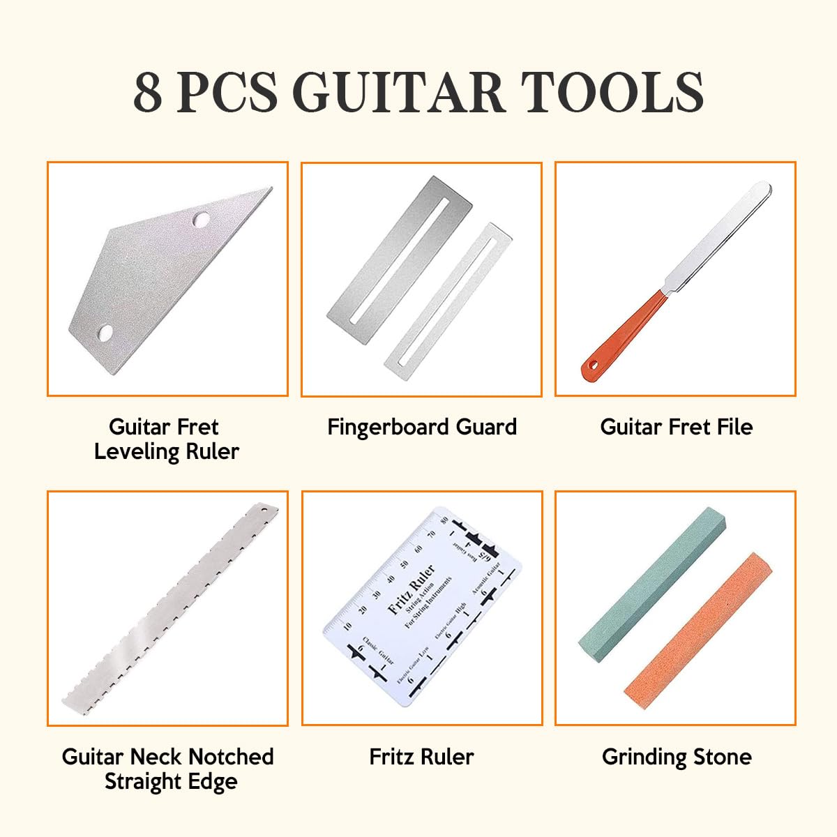 Guitar Neck Notched Straight Edge Luthiers Tool with Guitar Fret File, Fret Rocker, Fingerboard Guards Protectors and Grinding Stones for Gibson 24.75" and Fender 25.5" Electric Guitars