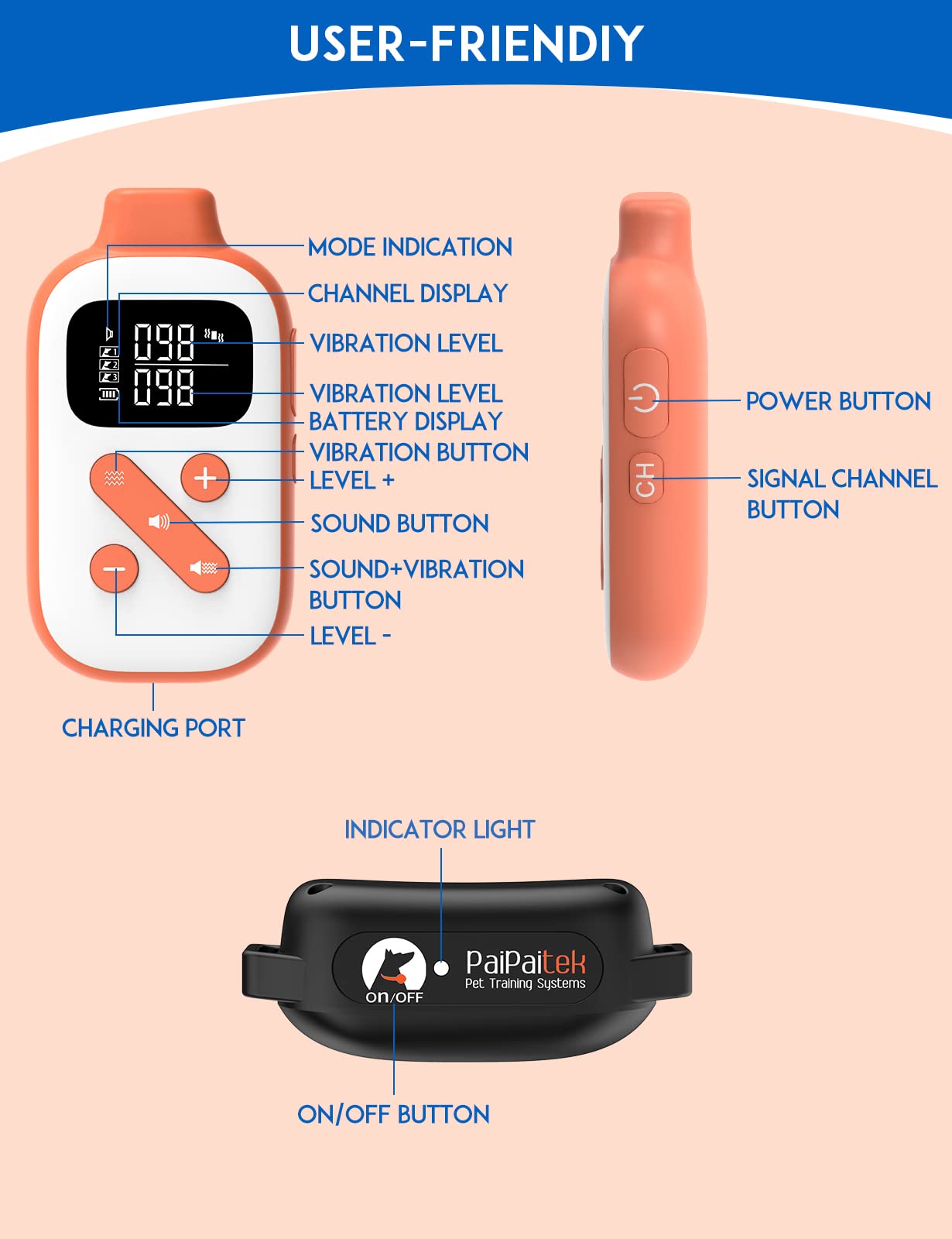 PaiPaitek Vibrating Dog Collar No Shock, 3300ft Range Dog Training Collar with Remote, IPX7 Waterproof Electric Dog Collar, No Shock/Prong Dog Training Collar for 5-120 lbs All Breeds