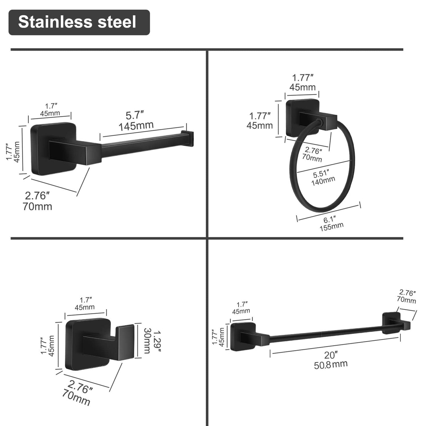 DEGULAS Bathroom Hardware Set 4 Pieces, Stainless Steel Towel Bar Set, Includes 20In Towel Bar, Towel Ring, Robe Towel Hooks,Toilet Paper Holder, Bathroom Towel Rack Set，Black