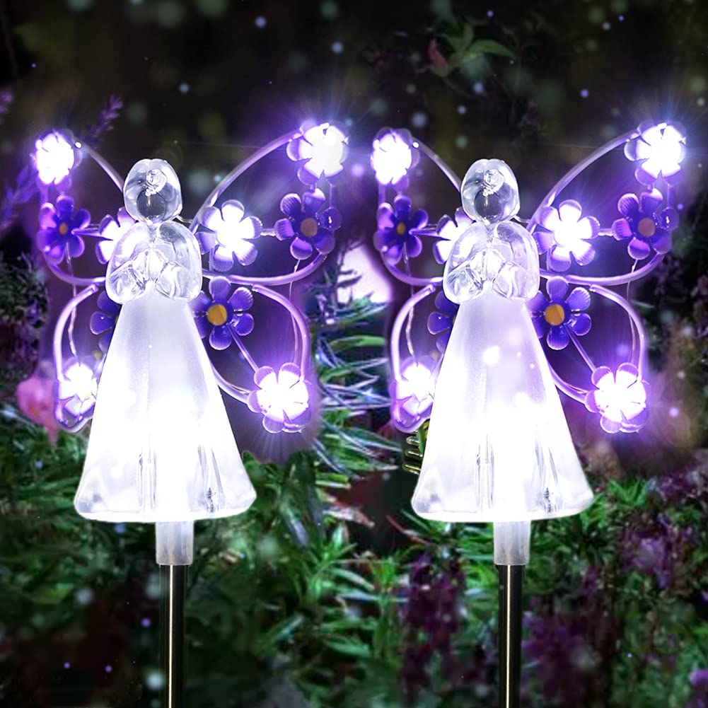 QINGYA Solar Angel Lights Outdoor-2 Pack Solar Garden Stake Lights with 7 LEDs for Cemetery Grave Decorations,Eternal Light Angel for Memorial Gifts, Christmas Yard Art, Sympathy Gifts