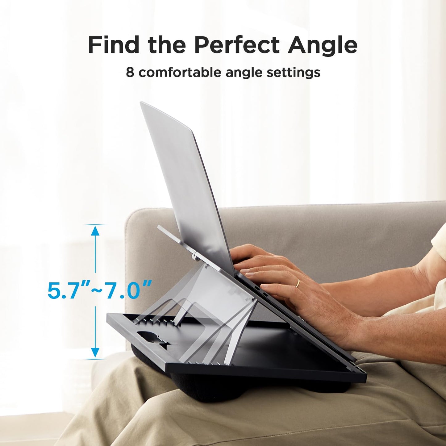 Adjustable Lap Desk - HUANUO 8 Adjustable Angles & Dual Cushions Laptop Stand Fits Up to 15.6In for Car, Work Table, Lap Writing Board & Drawing Desk on Sofa or Bed (Black)