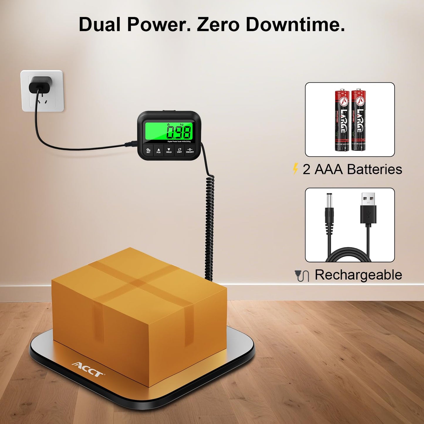 ACCT 440lb Postal Scale - Industrial Shipping Scale with Stainless Steel Platform, Tare/Hold/Counting Function for Luggage, Package, Mail | lb/kg/lb:oz | Heavy Duty Scale with Battery & Charging Cable