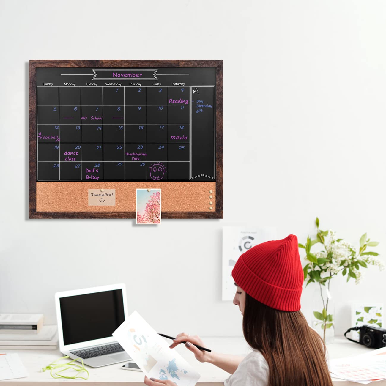 Umtiti Chalkboard Calendar and Bulletin Combo Board. Black Solid Wood Frame，Magnetic Chalkboard.Perfect for Office, Home School Message Board，BK-4555-CA