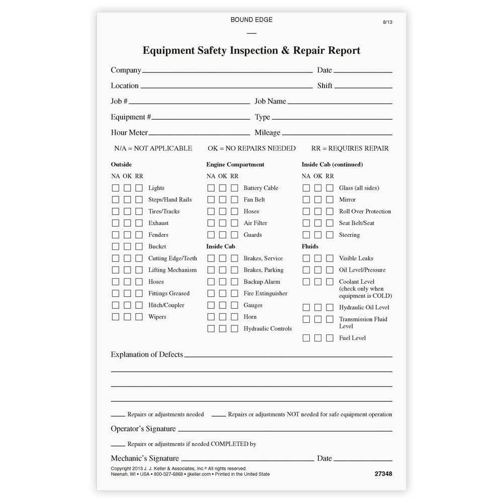 Equipment Safety Inspection Report 10-pk. - Book Format, 2-Part NCR, 5.5" x 8.5", 31 Sets of Forms Per Book - Detailed Report Helps Maintain Safe Workplace Utility Vehicles - J. J. Keller