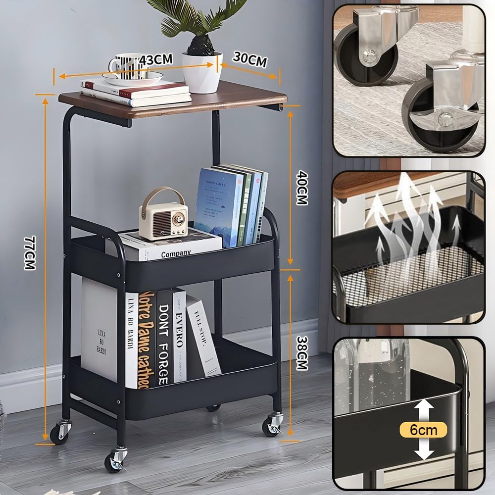3 Tier Metal Rolling Utility Cart Functional Storage Trolley with Wooden Tabletop Mesh Baskets Wheels Organizer for Office Living Room Kitchen Bathroom Garage Tray Side Stand End Sofa Table (Black)