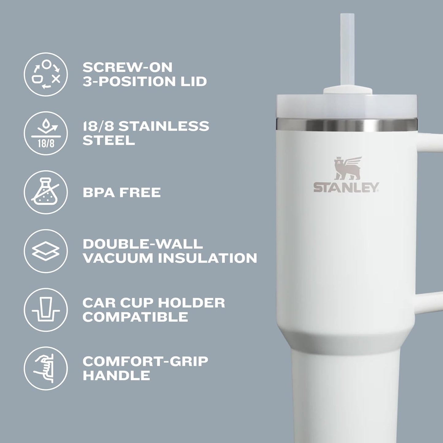 Stanley Quencher H2.0 Tumbler with Handle and Straw 20 oz Flowstate 3-Position Lid Cup Holder Compatible for Travel Insulated Stainless Steel Cup BPA-Free Lilac