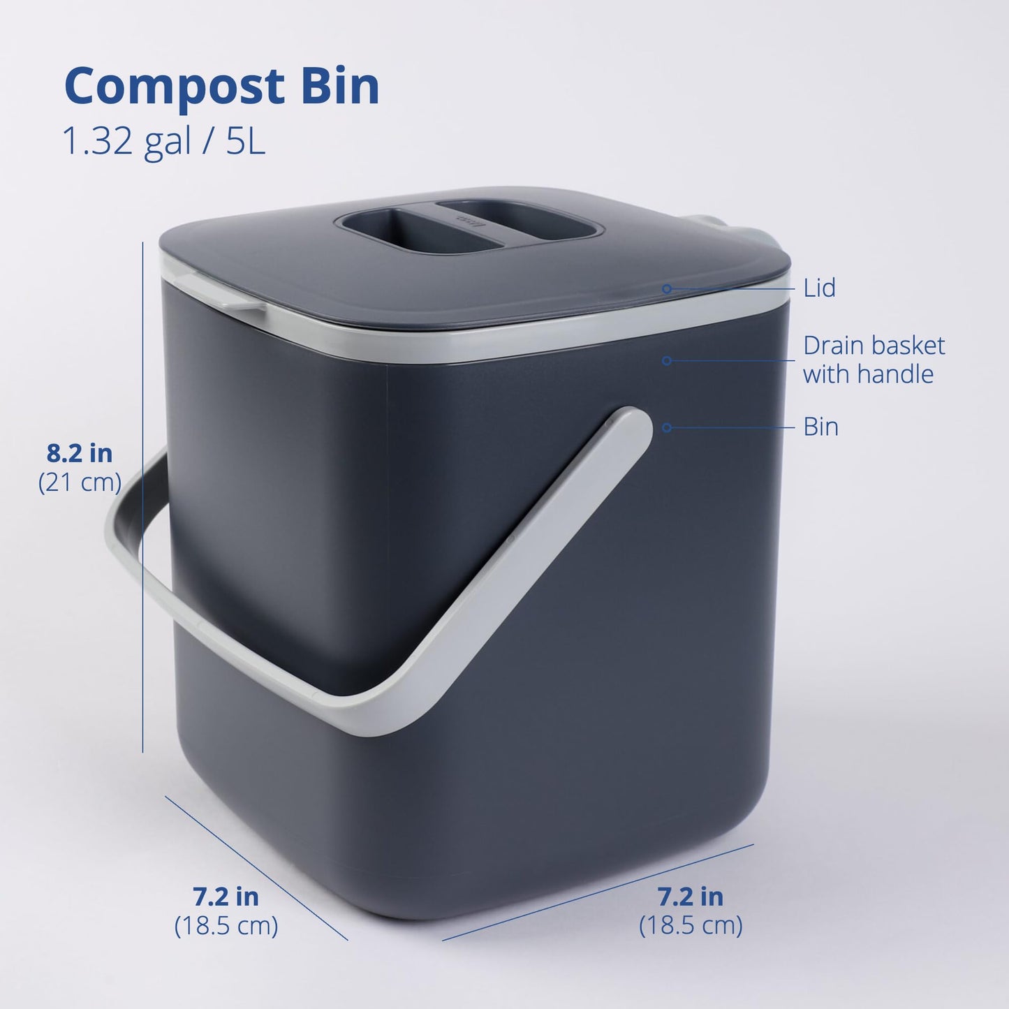 Blue Ginkgo Kitchen Compost Bin [5L / 1.32 GAL] – Filter-Free, Odor-Tight Countertop Food Waste Pail with Handles (Made in Korea, Grey)