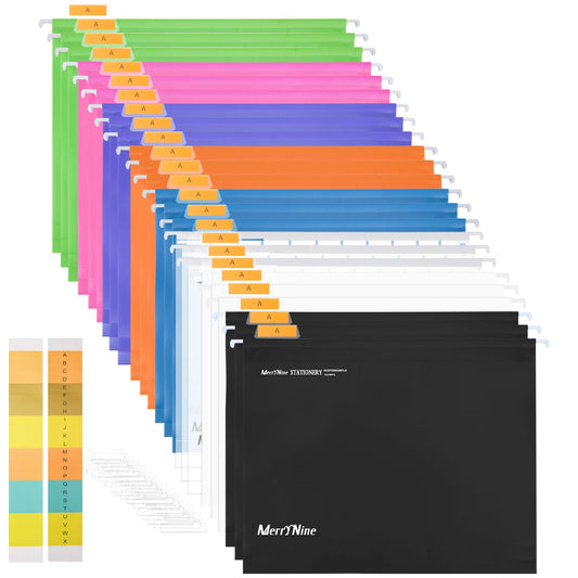 MerryNine Hanging File Folders, 24 Pcs Letter Size Suspension Files, Polypropylene Filing Cabinet Suspension Files with Tabs and Card Inserts for School Home Work Office Organization (Mixcolor)