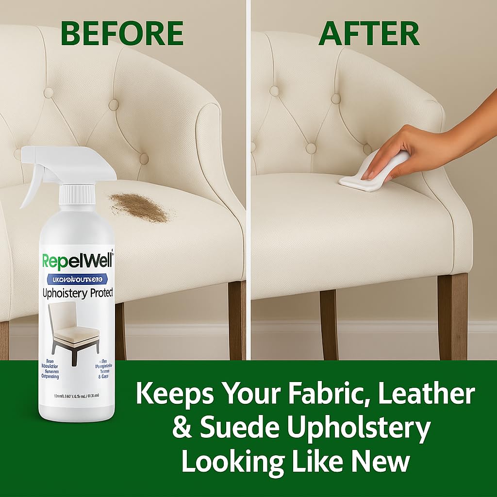 RepelWell Upholstery Protect Stain & Water Repellent Spray 24oz – Non-Toxic, Pet-Safe Formula for Fabric, Leather, & Suede – Long-Lasting Stain Guard Keeps Furniture Clean & New