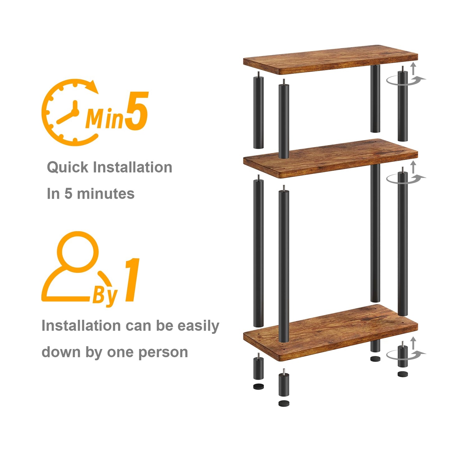 Apicizon Small Narrow Side Table, 3-Tier Skinny End Table for Small Spaces, Slim Nightstand with Storage Shelf, Bedside Table for Living Room, Bedroom, Rustic Brown and Black