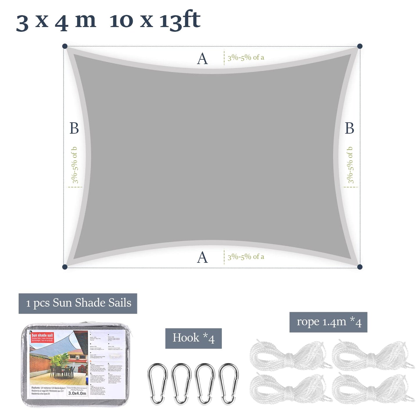 FAMIROSA 10'x13' Sun Shade Sail, Outdoor 185GSM Rectangle UV Block Sun Shade Canopy, Shade Cover for Backyard Patio Garden Pool Carport (Gray, 1 PCS)