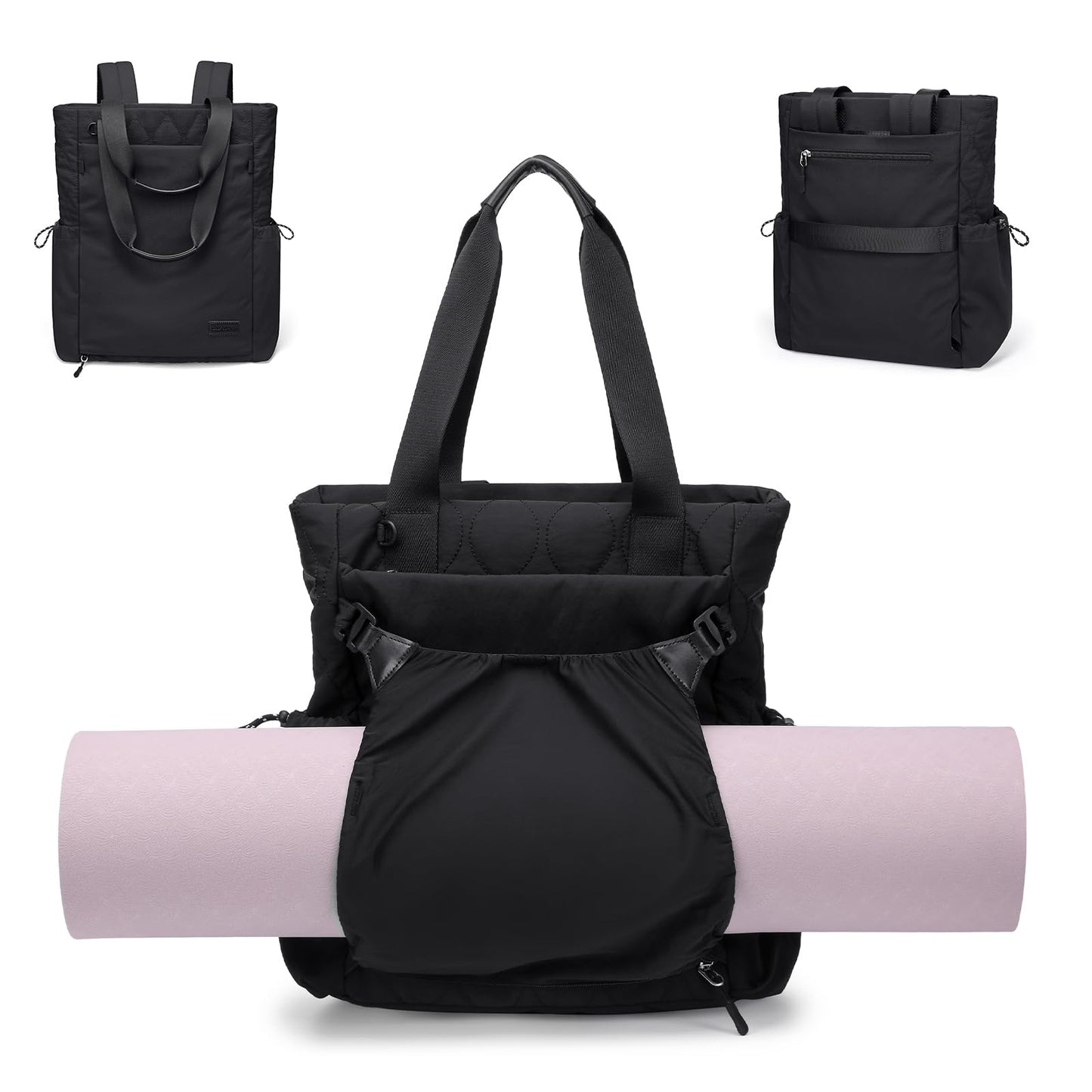 Convertible Laptop Backpack Yoga Sports Bag Quilted Tote Bag, Yoga Mat Carrier Bag for Travel, Fitness, Office and Shopping (Black)