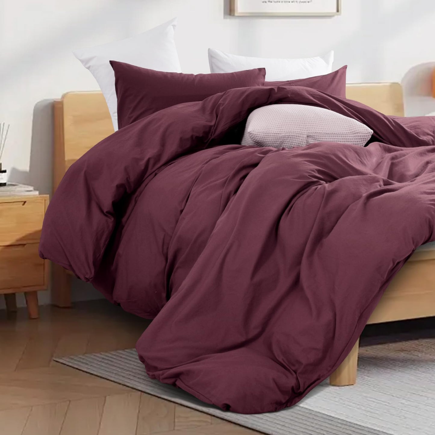 NEXHOME PRO Duvet Cover Set Queen Size Linen Look Textured 100% Washed Cotton Duvet Cover Burgundy Dark Red 3 Pieces Bedding Set with Zipper Closure,Breathable, Soft Organic Natural(No Comforter)