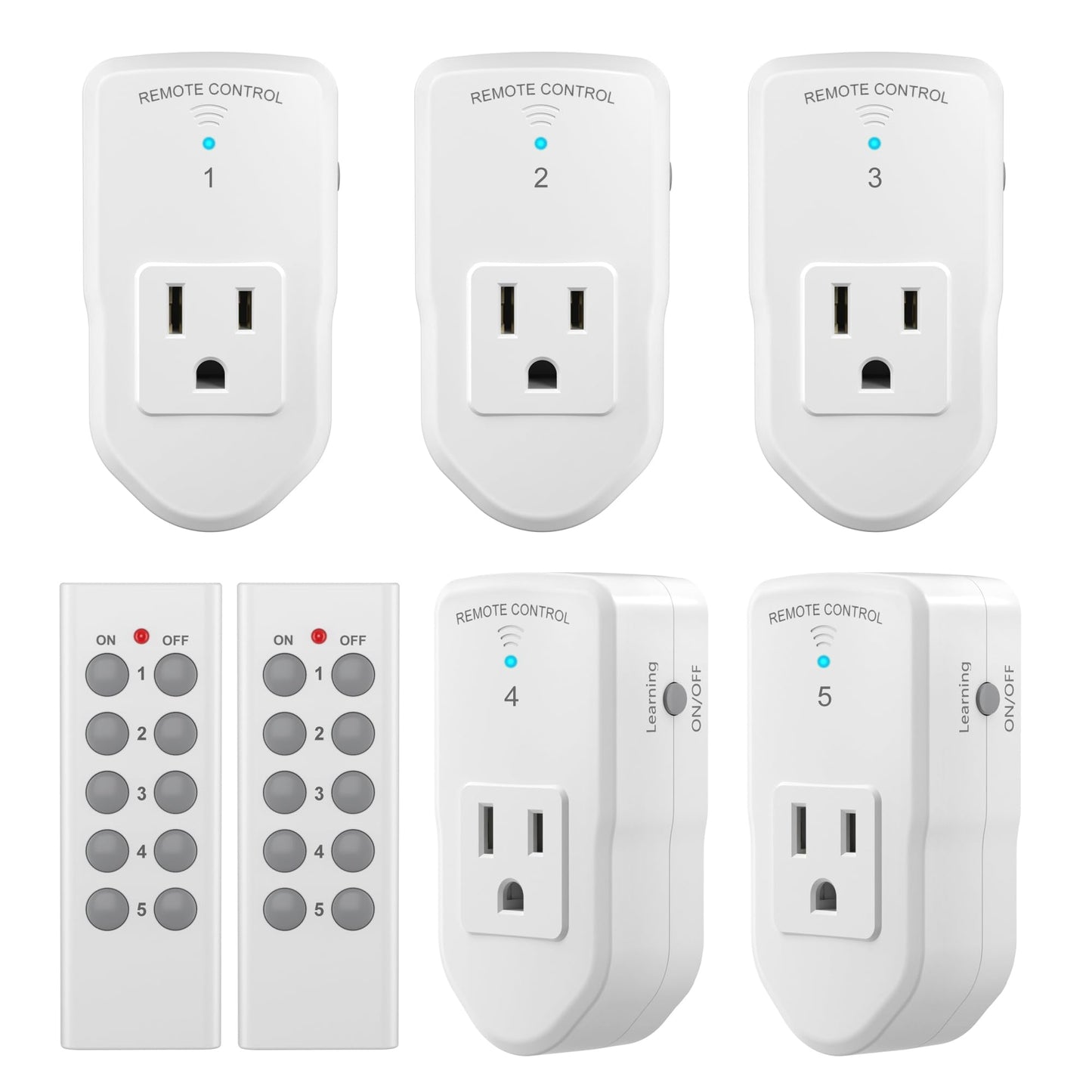 BN-LINK Wireless Remote Control Electrical Outlet Switch for Lights, Fans, Christmas Lights, Small Appliance, Long Range White 10A/1200W,2 Remote + 5 Outlet
